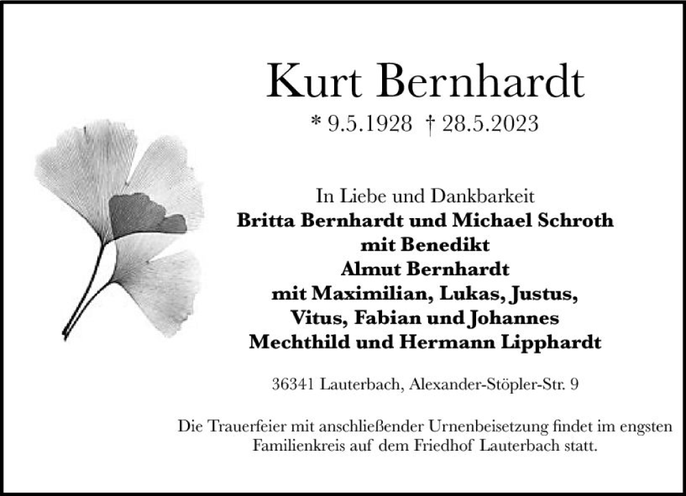  Traueranzeige für Kurt Bernhardt vom 31.05.2023 aus Lauterbacher Anzeiger