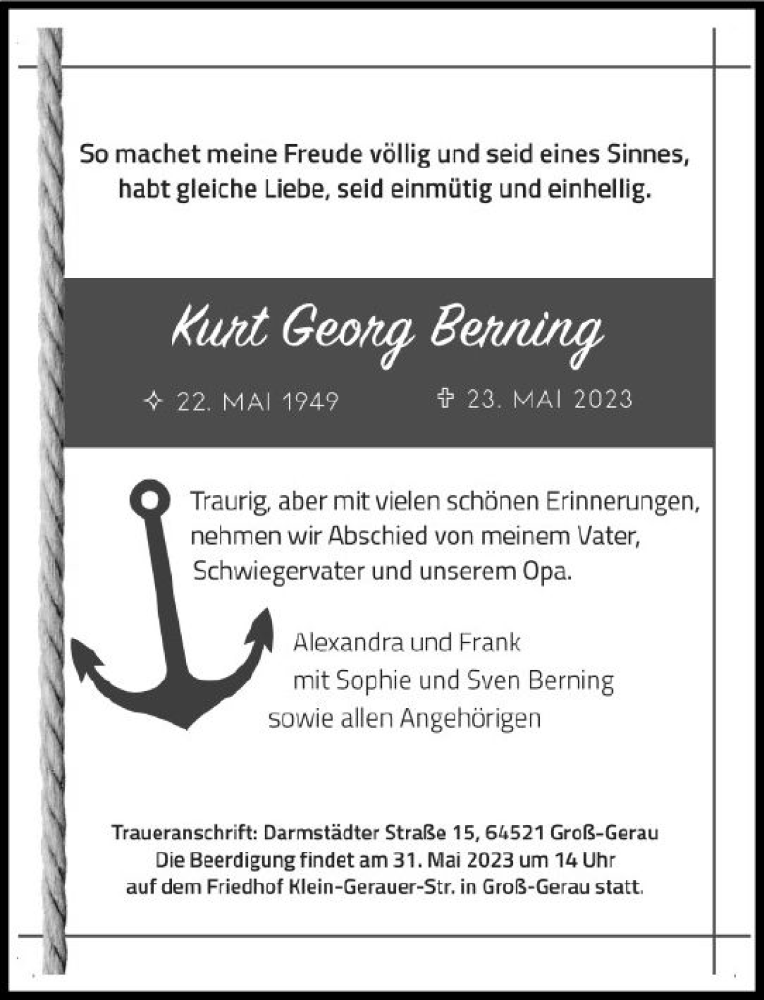  Traueranzeige für Kurt Georg Berning vom 27.05.2023 aus Groß-Gerauer Echo