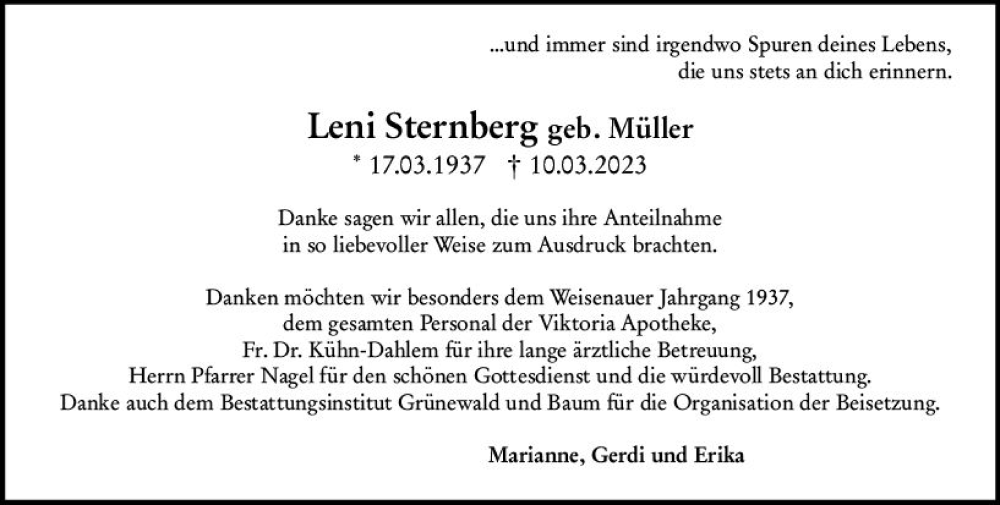  Traueranzeige für Leni Sternberg vom 20.05.2023 aus Allgemeine Zeitung Mainz
