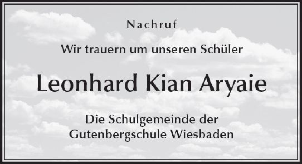  Traueranzeige für Leonhard Kian Aryaie vom 27.05.2023 aus Wiesbadener Kurier