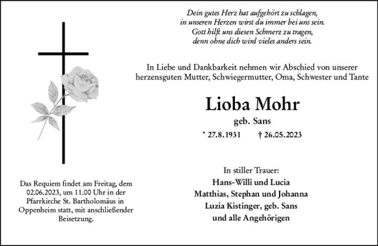 Traueranzeige von Lioba Mohr von Allgemeine Zeitung Mainz
