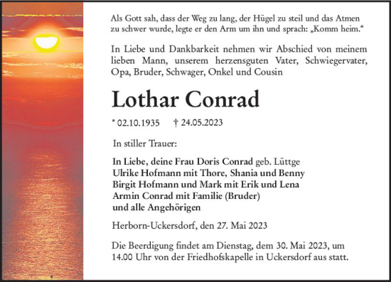 Traueranzeige von Lothar Conrad von Dill Block