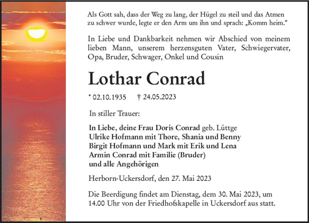  Traueranzeige für Lothar Conrad vom 27.05.2023 aus Dill Block