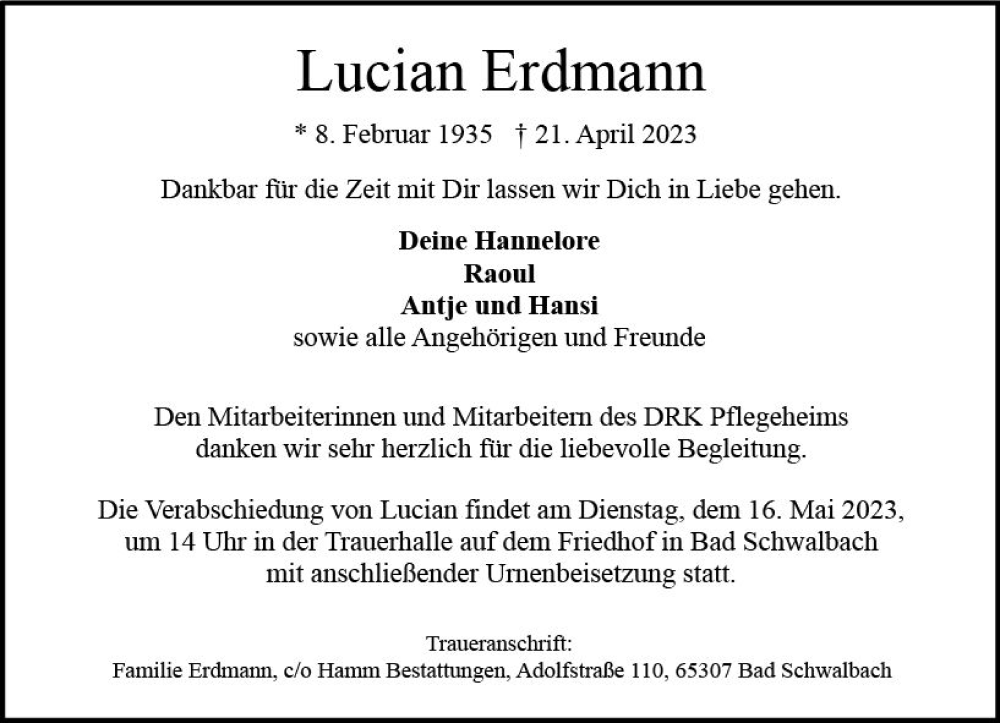  Traueranzeige für Lucian Erdmann vom 13.05.2023 aus Wiesbadener Kurier