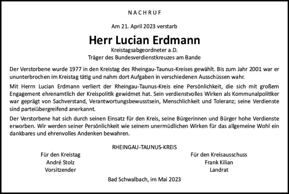  Traueranzeige für Lucian Erdmann vom 13.05.2023 aus Idsteiner Land/Untertaunus