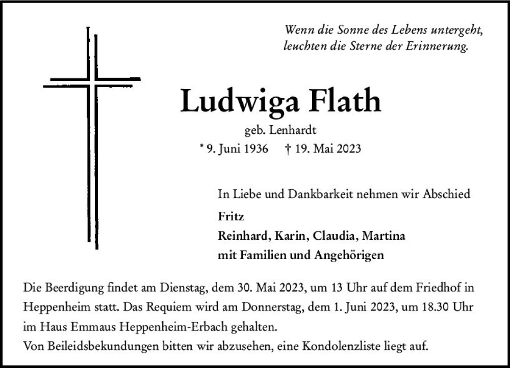  Traueranzeige für Ludwiga Flath vom 27.05.2023 aus Starkenburger Echo