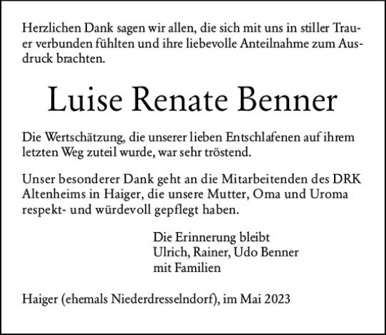 Traueranzeige von Luise Renate Benner von Dill Block