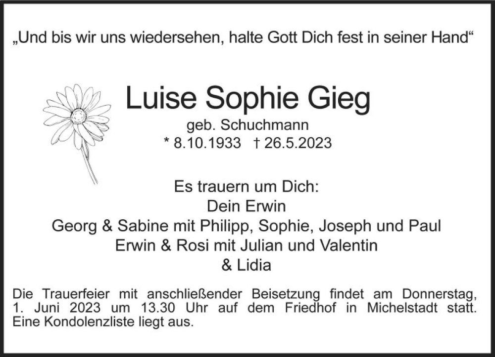  Traueranzeige für Luise Sophie Gieg vom 30.05.2023 aus Odenwälder Echo