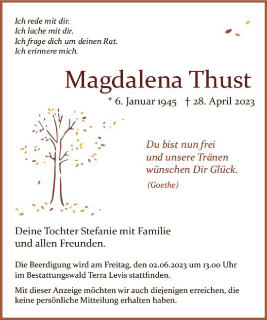 Traueranzeige von Magdalena Thust von Wiesbadener Kurier