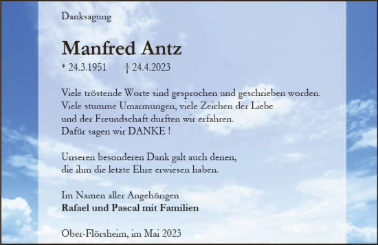 Traueranzeige von Manfred Antz von Allgemeine Zeitung Alzey