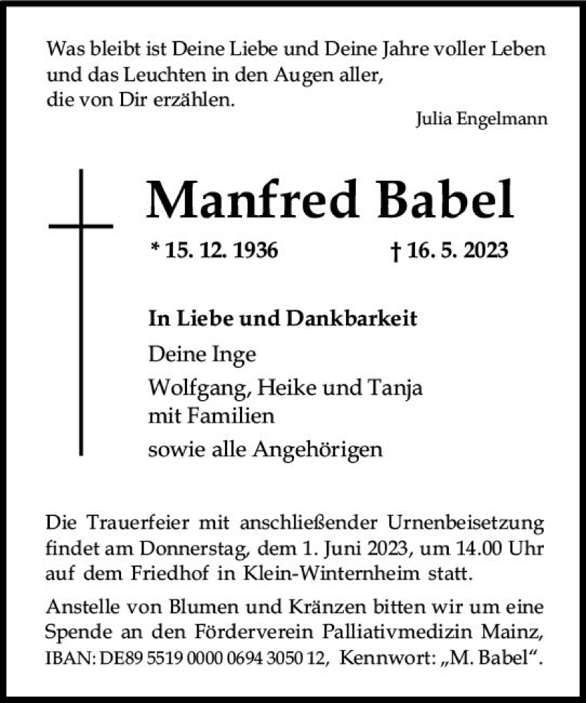  Traueranzeige für Manfred Babel vom 27.05.2023 aus Allgemeine Zeitung Mainz