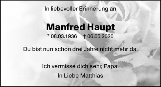 Traueranzeige von Manfred Haupt von Allgemeine Zeitung Mainz