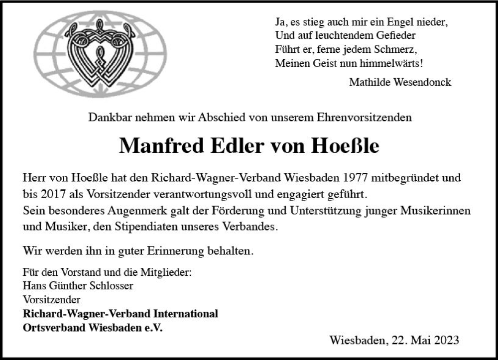  Traueranzeige für Manfred Edler von Hoeßle vom 27.05.2023 aus Wiesbadener Kurier