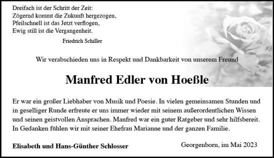 Traueranzeige von Manfred Edler von Hoeßle von Wiesbadener Kurier