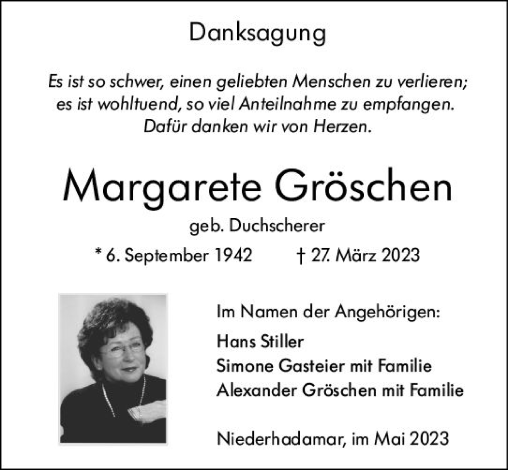  Traueranzeige für Margarete Gröschen vom 13.05.2023 aus Nassauische Neue Presse