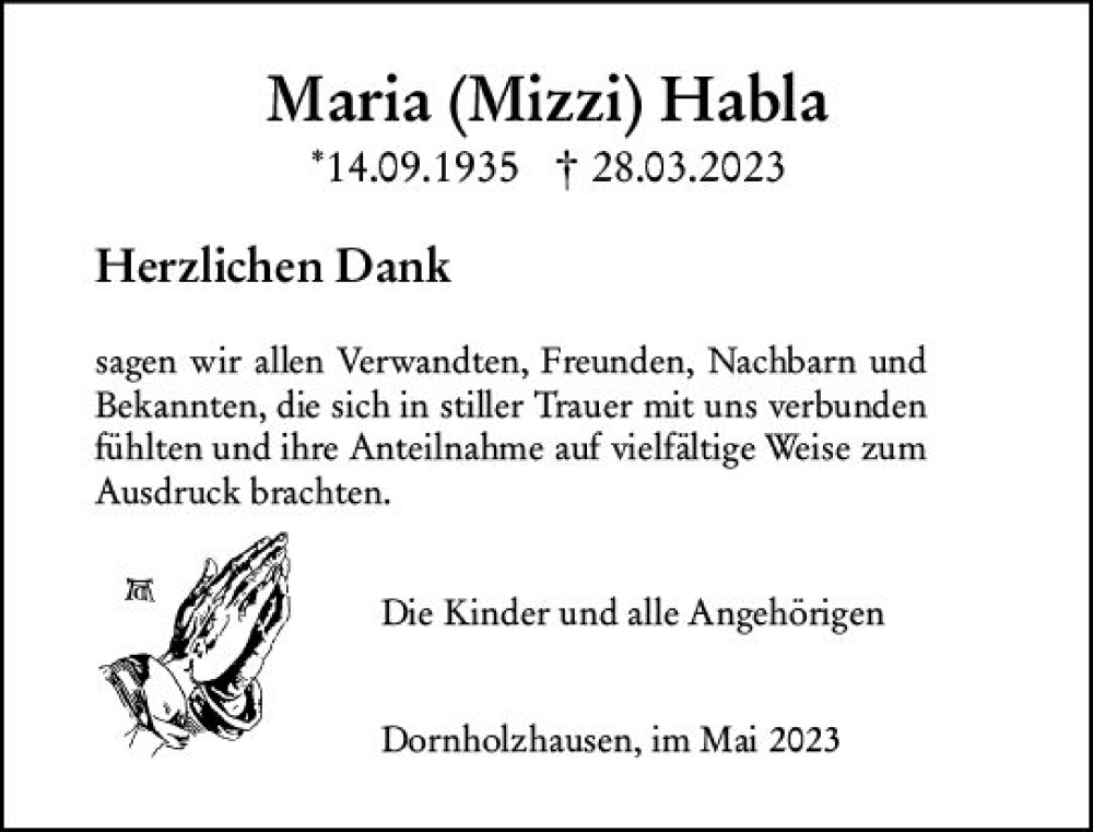  Traueranzeige für Maria Habla vom 06.05.2023 aus Wetzlarer Neue Zeitung
