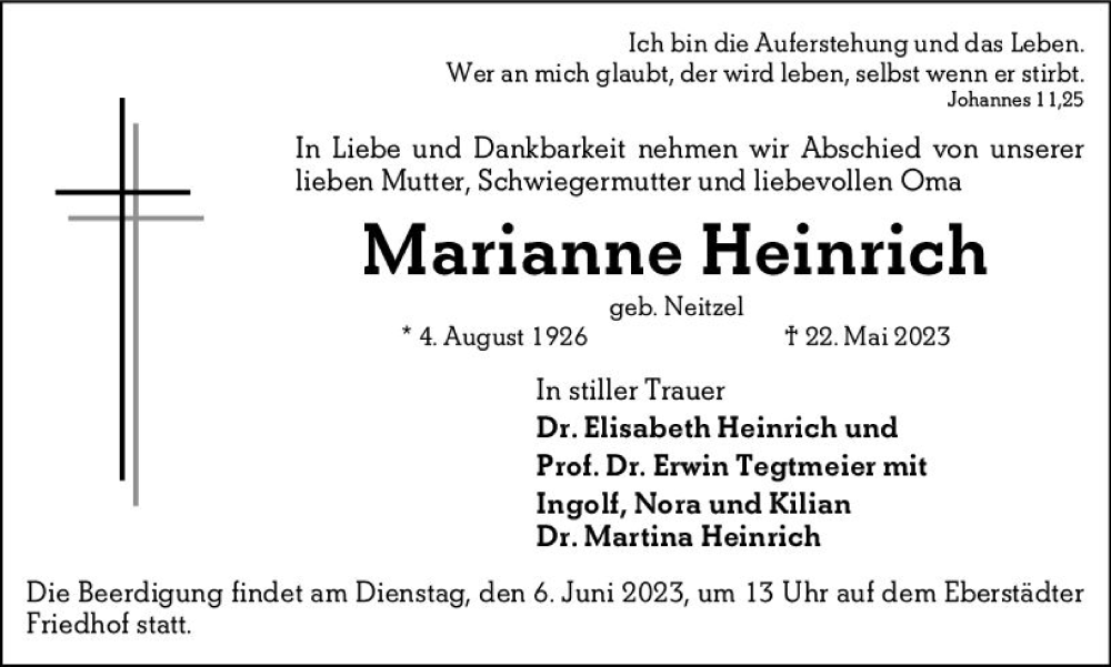  Traueranzeige für Marianne Heinrich vom 27.05.2023 aus Darmstädter Echo