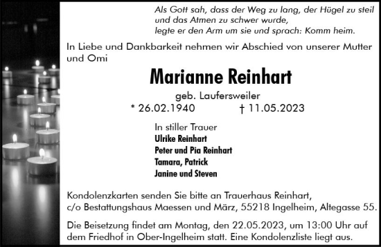 Traueranzeige von Marianne Reinhart von Allgemeine Zeitung Bingen/Ingelheim