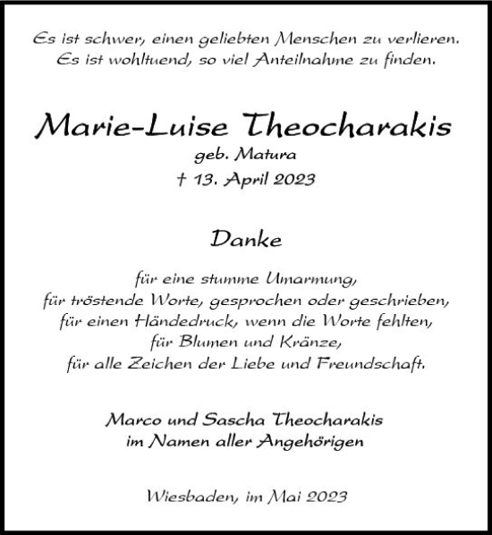 Traueranzeige von Marie-Luise Theocharakis von Wiesbadener Kurier