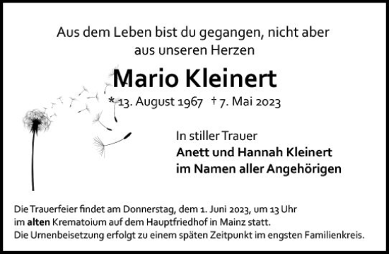 Traueranzeige von Mario Kleinert von Allgemeine Zeitung Mainz