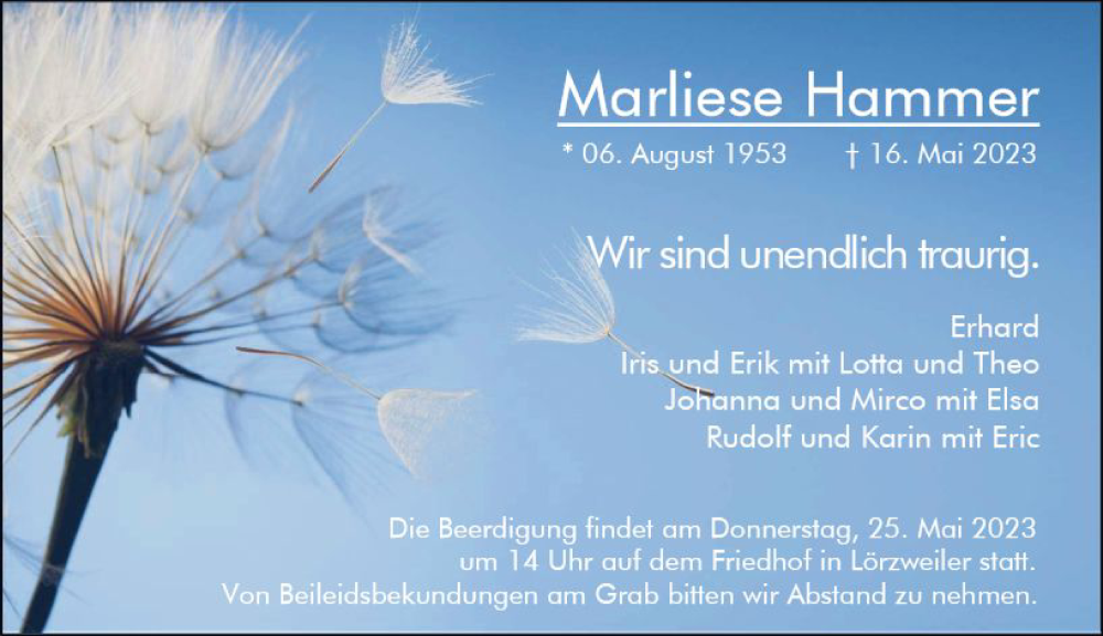  Traueranzeige für Marliese Hammer vom 20.05.2023 aus Allgemeine Zeitung Mainz