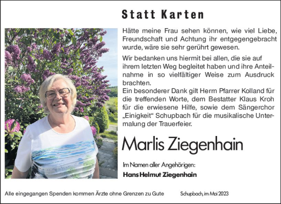 Traueranzeige von Marlis Ziegenhain von Weilburger Tageblatt