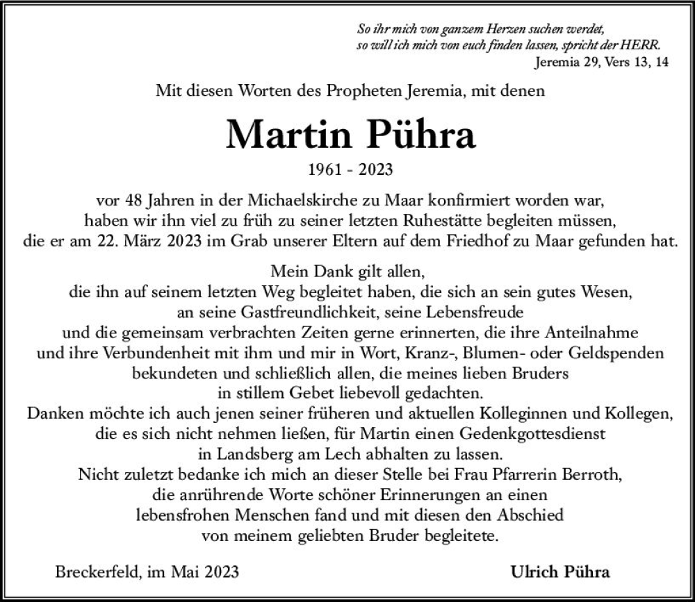  Traueranzeige für Martin Pühra vom 06.05.2023 aus VRM Trauer
