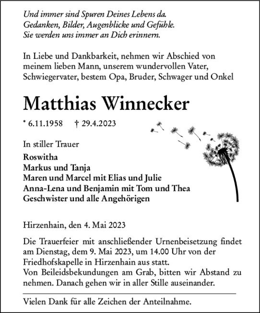  Traueranzeige für Matthias Winnecker vom 04.05.2023 aus Dill Block