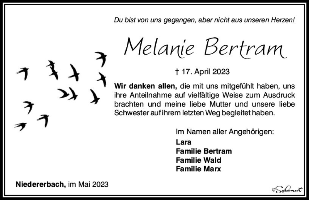  Traueranzeige für Melanie Bertram vom 13.05.2023 aus Nassauische Neue Presse