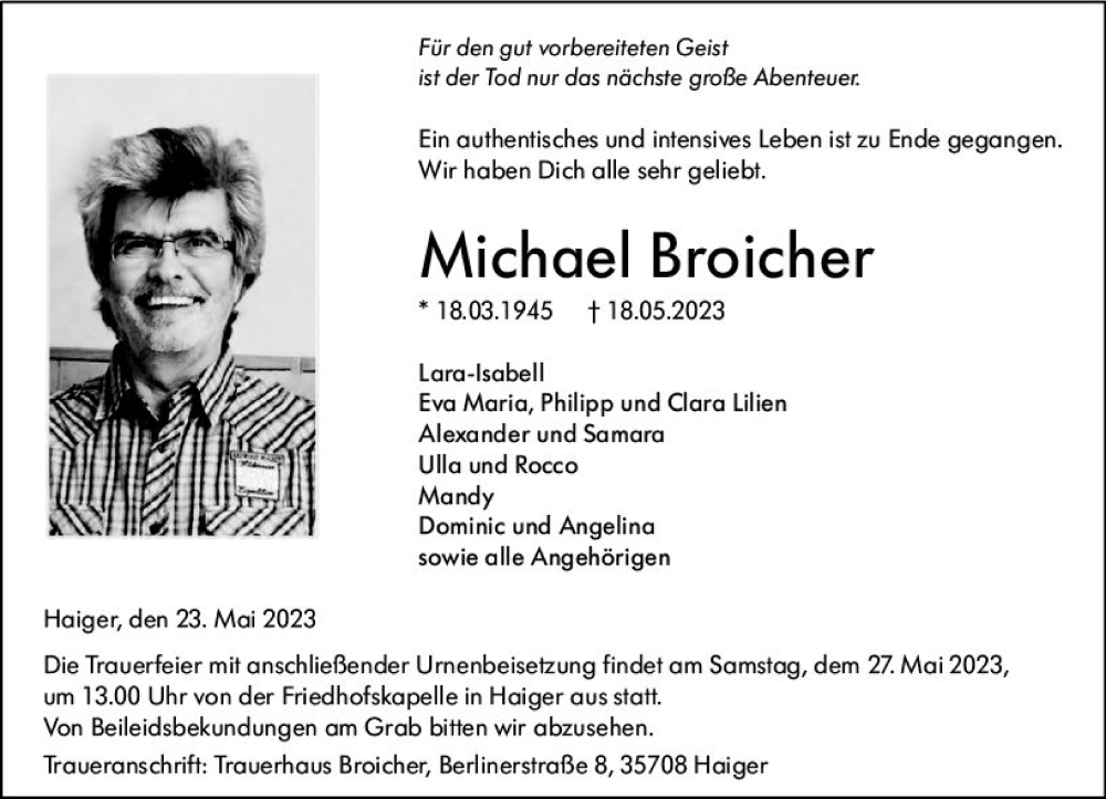  Traueranzeige für Michael Broicher vom 23.05.2023 aus Dill Block