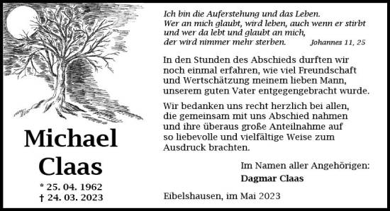 Traueranzeige von Michael Claas von Dill Block