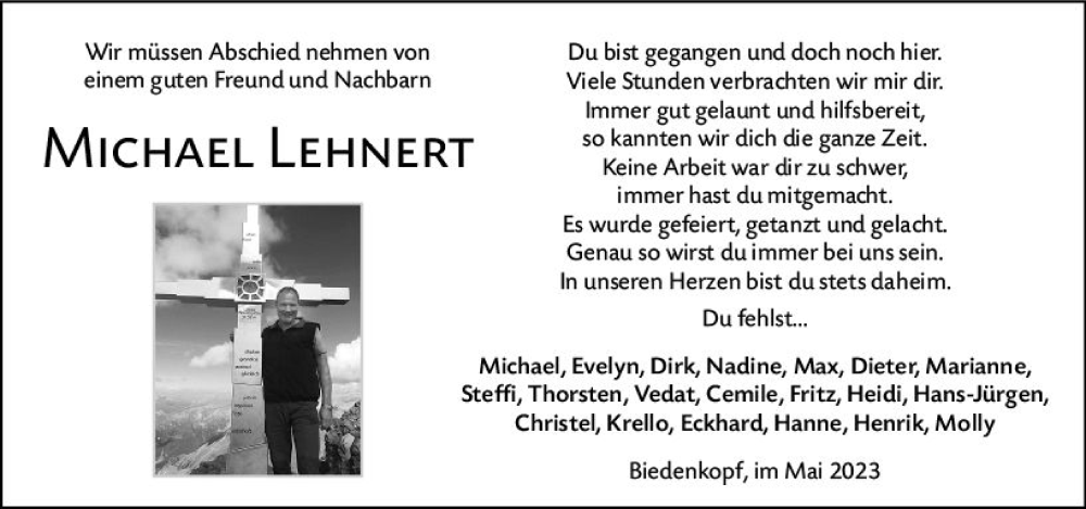  Traueranzeige für Michael Lehnert vom 13.05.2023 aus Hinterländer Anzeiger