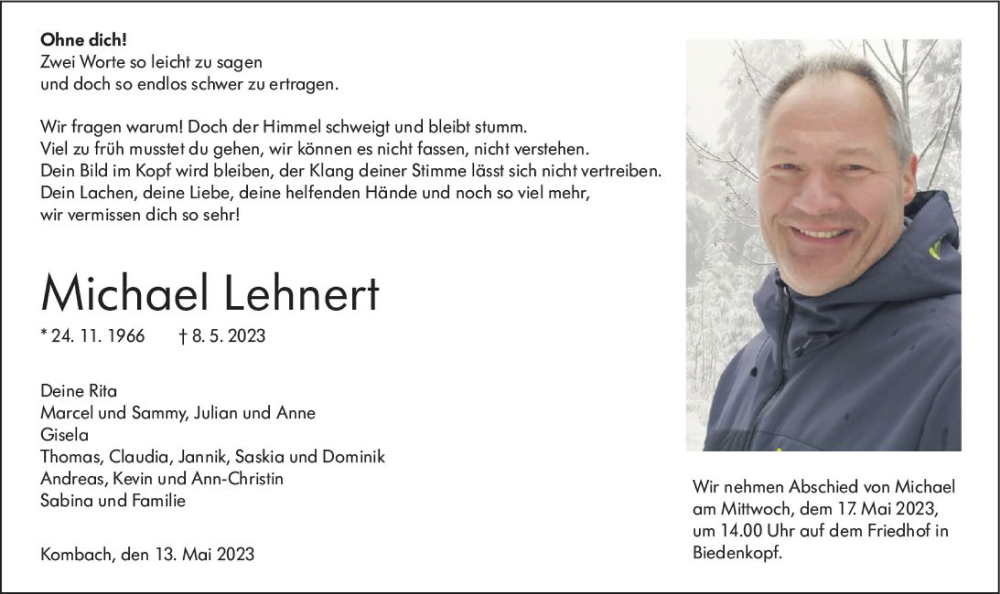  Traueranzeige für Michael Lehnert vom 13.05.2023 aus Hinterländer Anzeiger