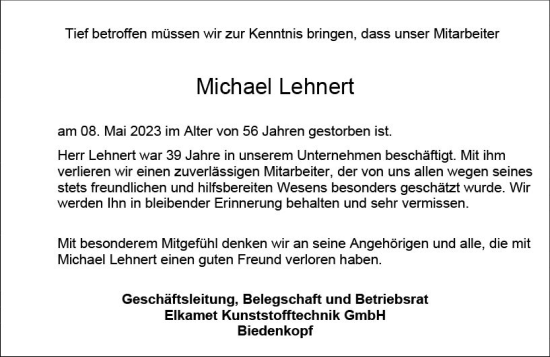 Traueranzeige von Michael Lehnert von Hinterländer Anzeiger