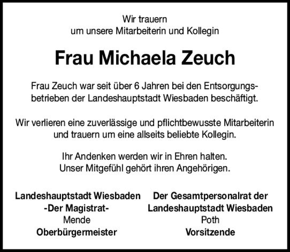  Traueranzeige für Michaela Zeuch vom 20.05.2023 aus Wiesbadener Kurier