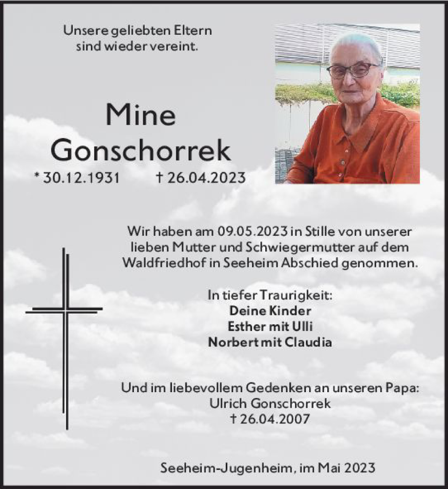  Traueranzeige für Mine Gonschorrek vom 20.05.2023 aus Darmstädter Echo