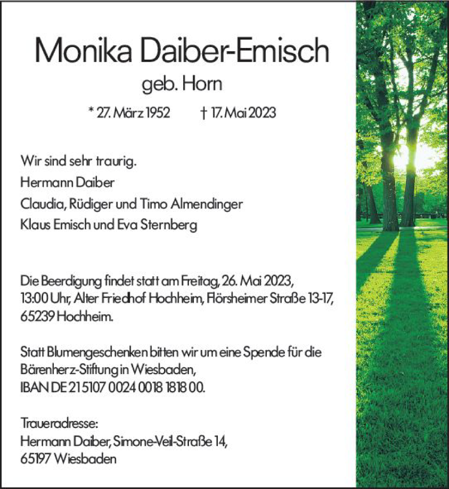  Traueranzeige für Monika Daiber-Emisch vom 24.05.2023 aus Rüsselsheimer Echo