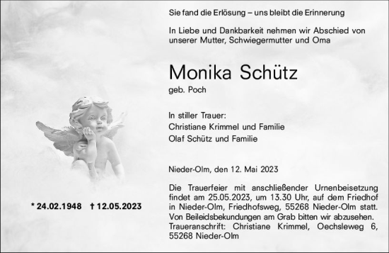 Traueranzeige von Monika Schütz von Allgemeine Zeitung Mainz