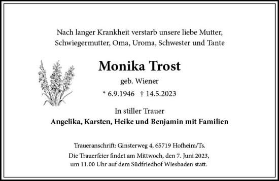 Traueranzeige von Monika Trost von Wiesbadener Kurier
