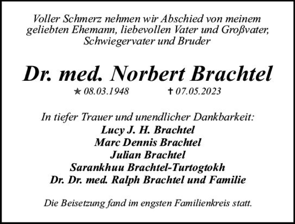  Traueranzeige für Norbert Brachtel vom 20.05.2023 aus Allgemeine Zeitung Mainz