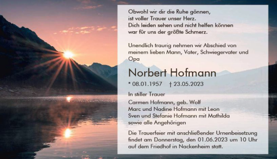 Traueranzeige von Norbert Hofmann von Allgemeine Zeitung Mainz
