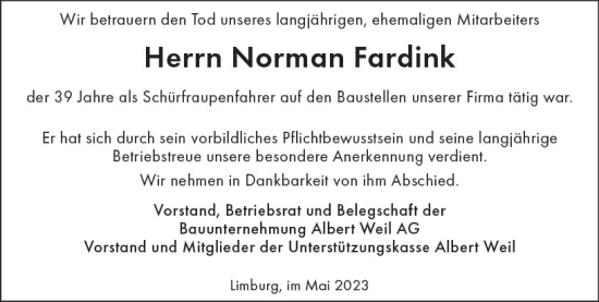 Traueranzeige von Norman Fardink von Nassauische Neue Presse