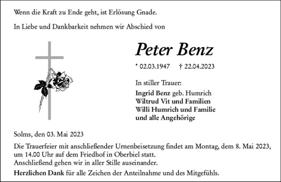 Traueranzeige von Peter Benz von Wetzlarer Neue Zeitung