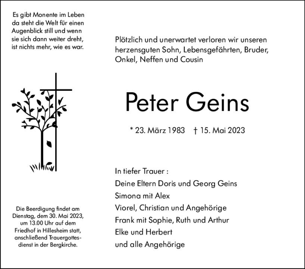  Traueranzeige für Peter Geins vom 26.05.2023 aus Allgemeine Zeitung Mainz
