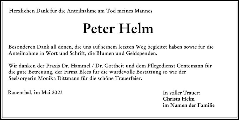  Traueranzeige für Peter Helm vom 06.05.2023 aus Wiesbadener Kurier