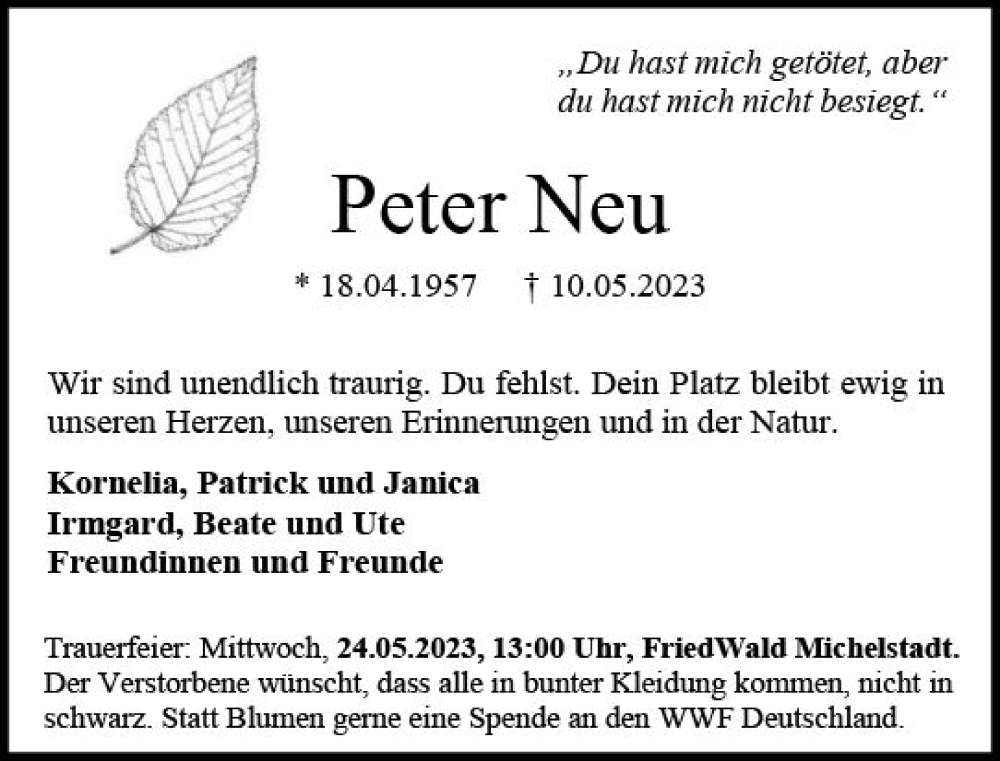  Traueranzeige für Peter Neu vom 20.05.2023 aus Darmstädter Echo