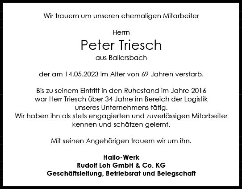  Traueranzeige für Peter Triesch vom 27.05.2023 aus Dill Block