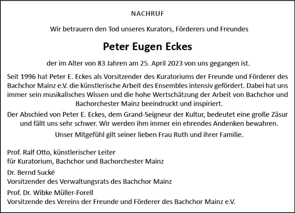  Traueranzeige für Peter Eugen Eckes vom 06.05.2023 aus Allgemeine Zeitung Mainz