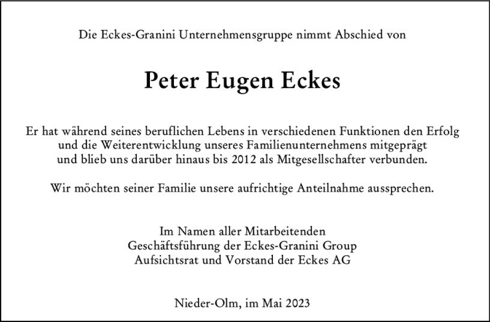  Traueranzeige für Peter Eugen Eckes vom 05.05.2023 aus Allgemeine Zeitung Mainz