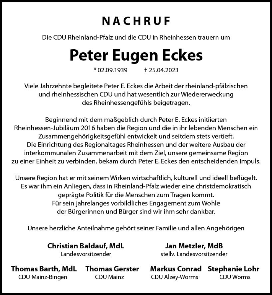  Traueranzeige für Peter Eugen Eckes vom 06.05.2023 aus Allgemeine Zeitung Bingen/Ingelheim